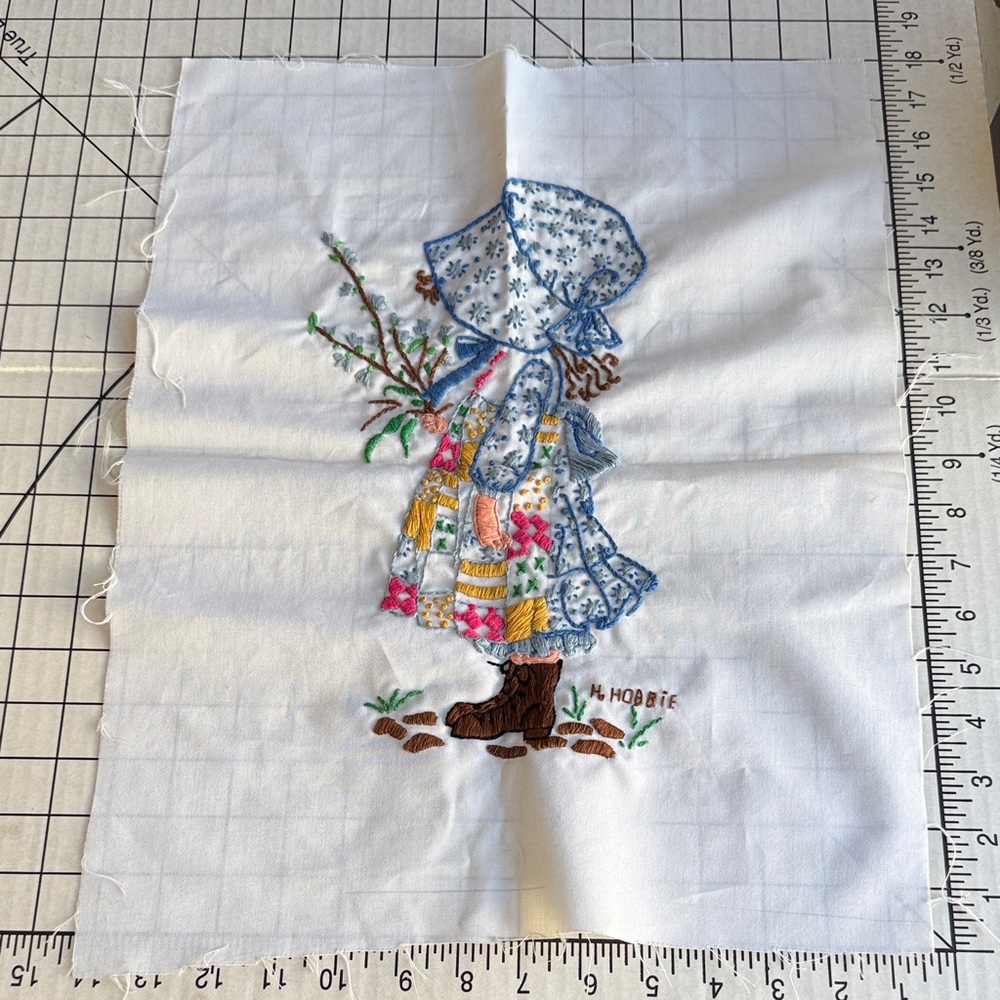 Vintage 1970s Holly Hobbie Hand Embroidery Panel Finished Needlework 18x14